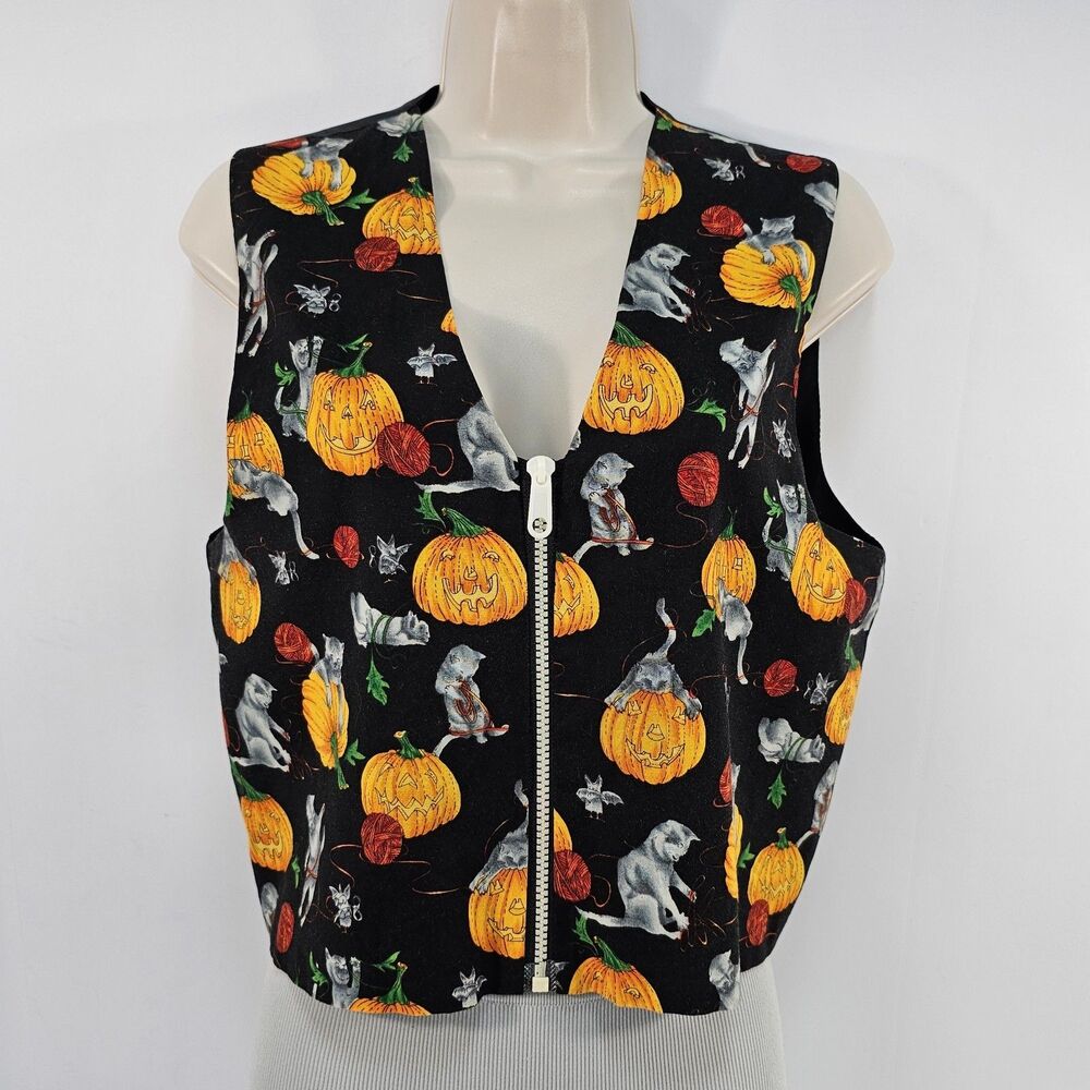 Vintage Capelli Designs Halloween Cat Pumpkin Zip Vest M/L Made in USA